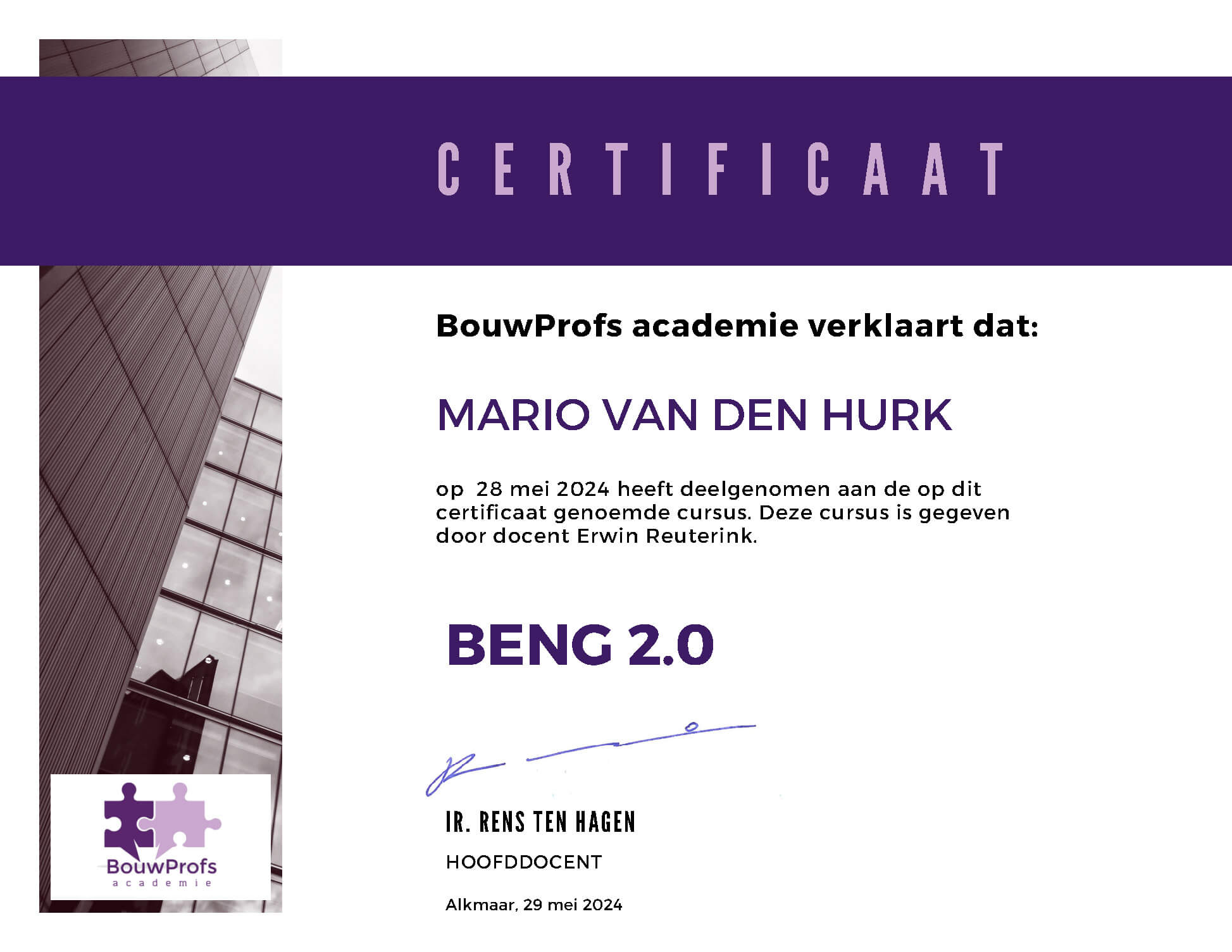 Certificaat BENG 2.0 - Mario van den Hurk