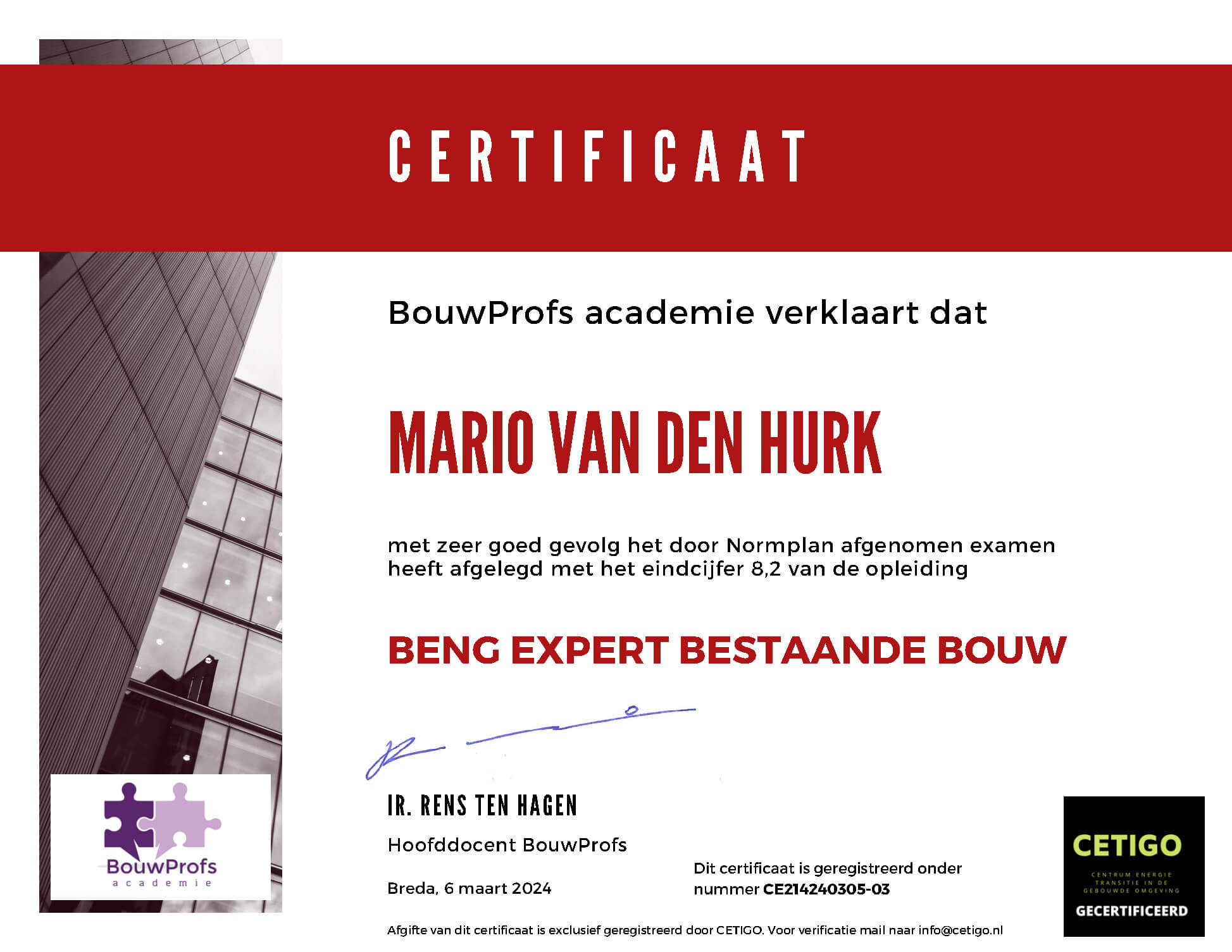 Certificaat BENG expert bestaande bouw - Mario van den Hurk