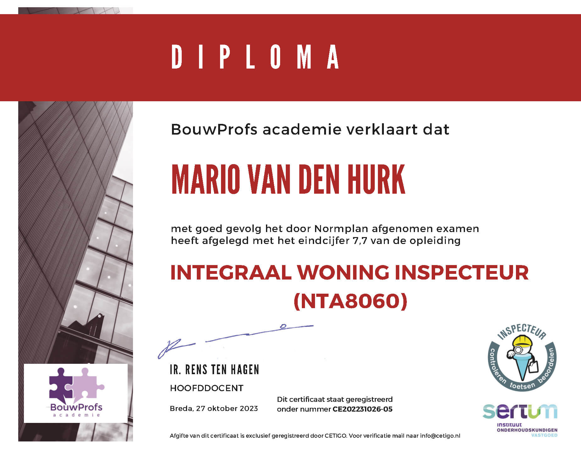 Diploma integraal woning inspecteur - Mario van den Hurk