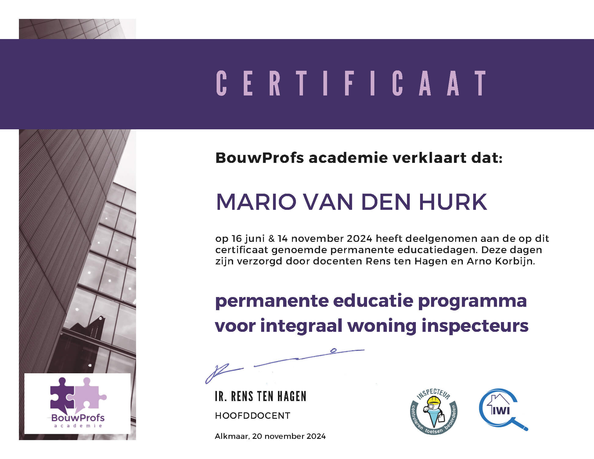 Certificaat integraal woning inspecteur - Mario van den Hurk